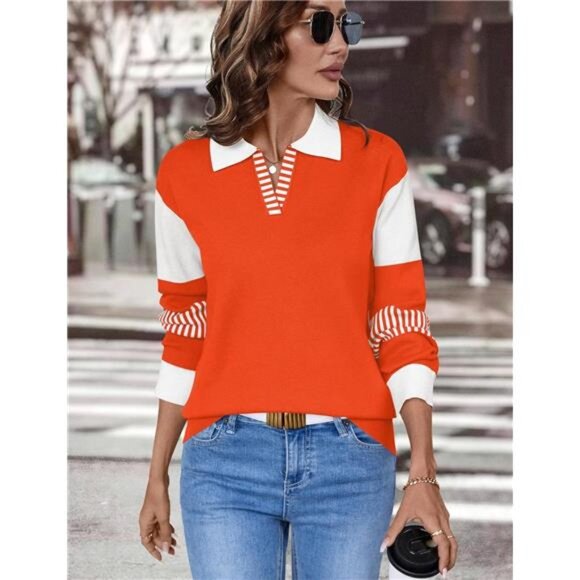 Womens V Neck Sweater Long Sleeve Color Block Striped Knitted Pullover Top - Picture 2 of 6